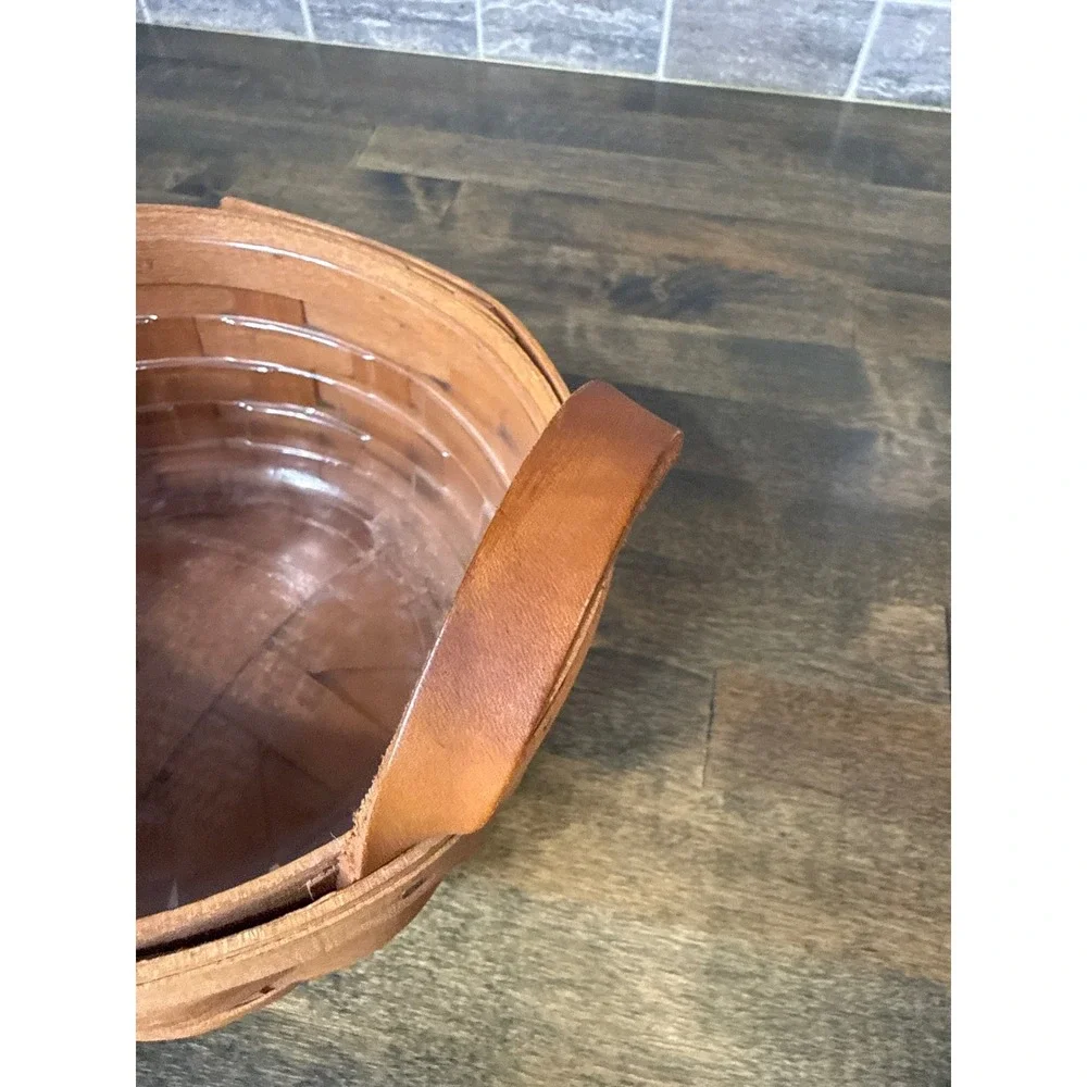 Longaberger 1991 Handwoven Round Basket with Leather Handles and Plastic Liner
